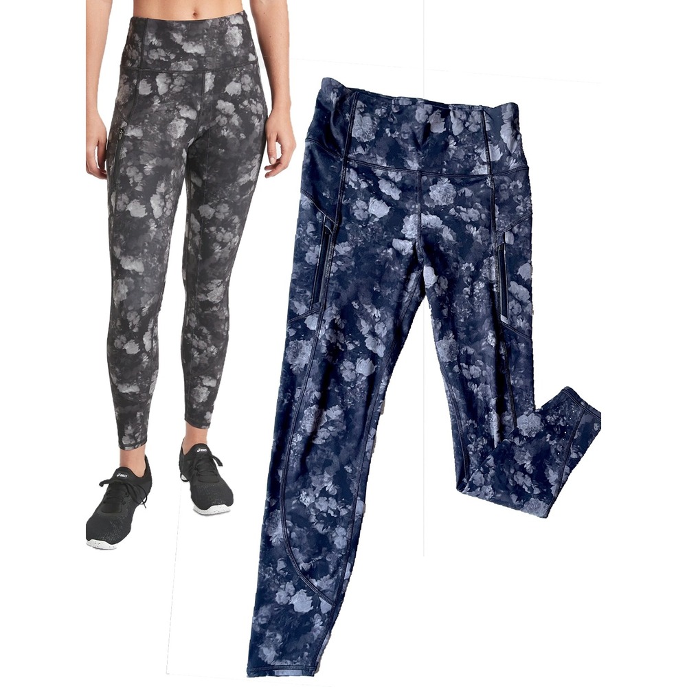 Athleta Rainier Printed Tight SzS Black Frozen Floral Plush Pocket Cold Climate